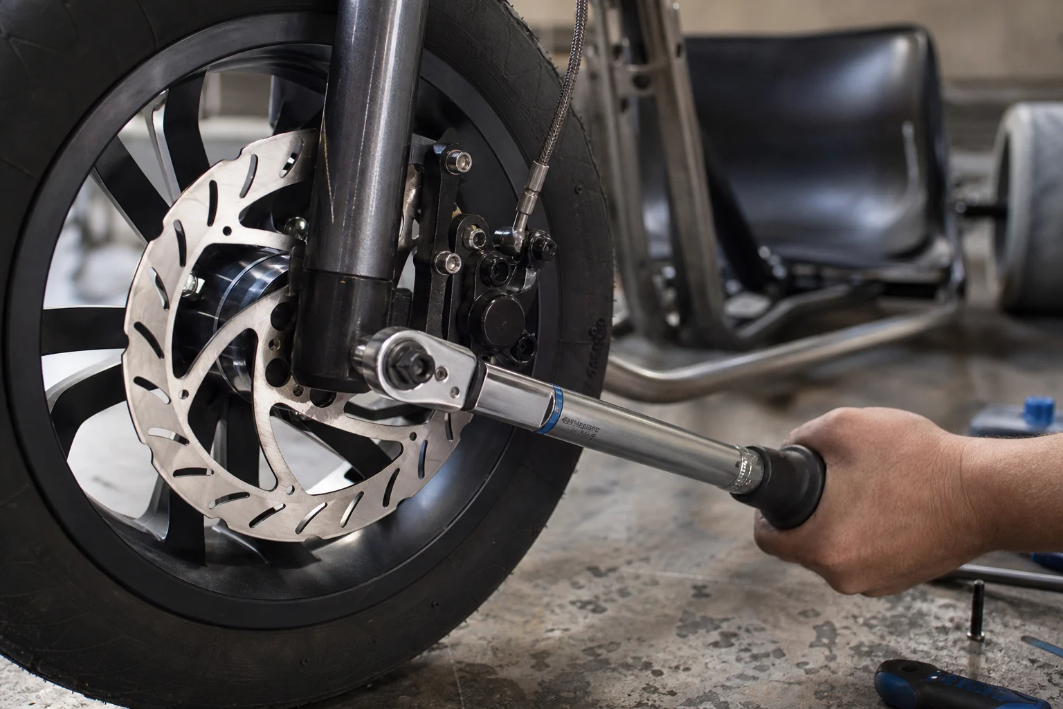 AI editorial close-up of a drift trike front brake being torqued